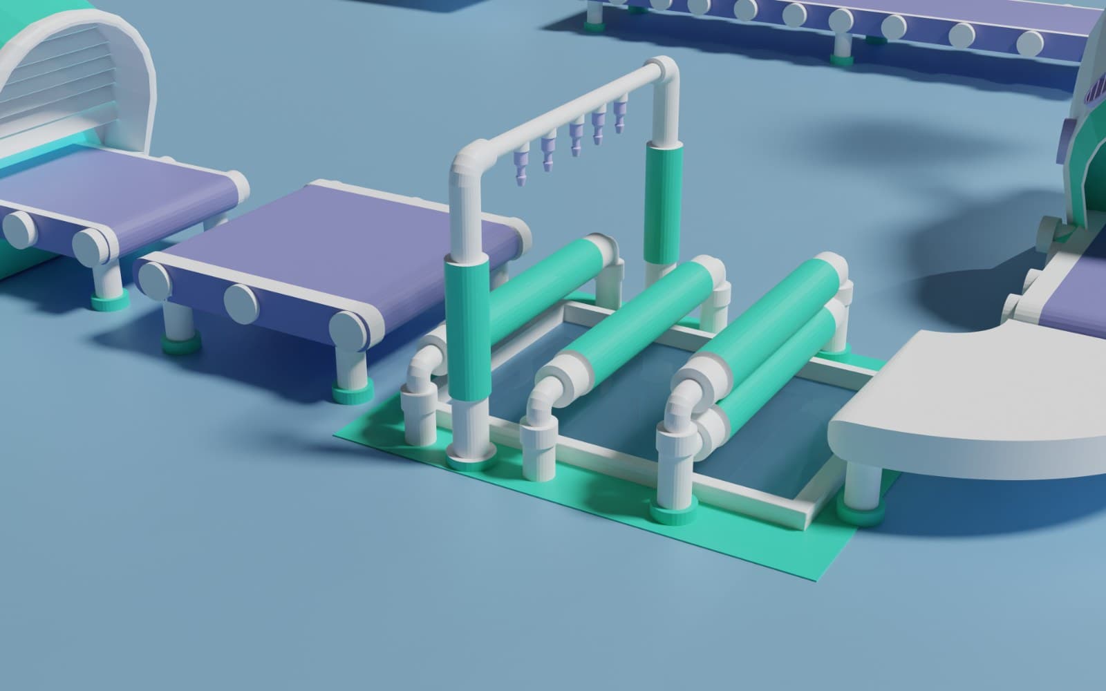 La línea completa: del árbol vivo al bloque lavado, en maqueta 3D